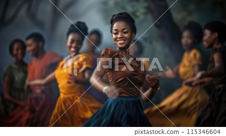 Nostalgic portraits black individuals 1960s early 1970s, soulful essence of young women in vibrant dresses, men grooving to jazz melodies, celebrating cultural vibrancy, resilience transformative era. Nostalgic portraits black individuals 1960s early 1970s, soulful essence of young women in vibrant dresses, men grooving to jazz melodies, celebrating cultural vibrancy, resilience transformative era. 115346604