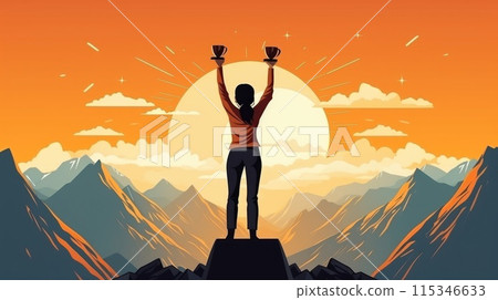 Triumphant success: in sports, in competition, in personal goals, victory celebration and business achievement, triumphant moment of success and accomplishment in corporate endeavors 115346633