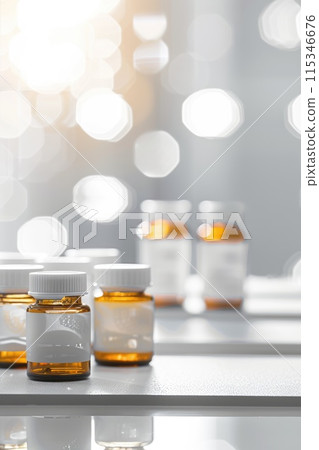 Medical pharmacy theme: empty clean bottles, containers, vials for advertising, presentation banners with copy space, showcasing pharmaceutical products mockup . 115346676
