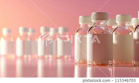 Medical pharmacy theme: empty clean bottles, containers, vials for advertising, presentation banners with copy space, showcasing pharmaceutical products mockup . 115346703