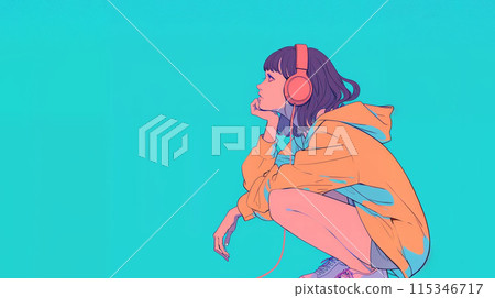 Woman crouching and listening to music with headphones Woman crouching and listening to music with headphones 115346717