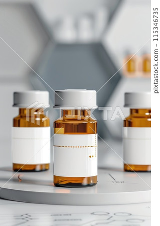 Medical pharmacy theme: empty clean bottles, containers, vials for advertising, presentation banners with copy space, showcasing pharmaceutical products mockup . Medical pharmacy theme: empty clean bottles, containers, vials for advertising, presentation banners with copy space, showcasing pharmaceutical products mockup . 115346735
