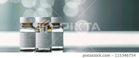 Medical pharmacy theme: empty clean bottles, containers, vials for advertising, presentation banners with copy space, showcasing pharmaceutical products mockup . 115346754