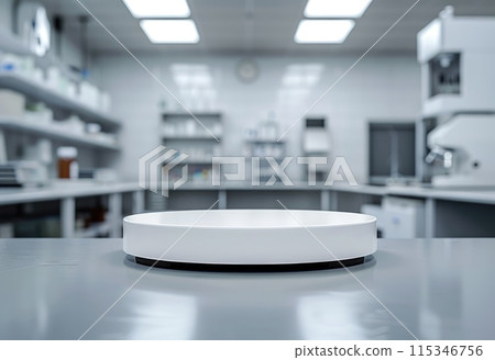 Pharmacology medicine stand mockup, empty podium on table with banner and copy space, showcasing pharmaceutical products, research, and innovation in the healthcare industry. 115346756