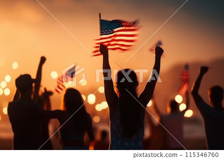 Patriotic jubilation: USA 4th of july independence day celebrations - commemorating with pride iconic symbols of america, from flag to fireworks, in a nationwide display of happiness and solidarity. 115346760
