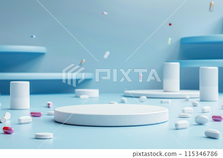 Pharmacology medicine stand mockup, empty podium on table with banner and copy space, showcasing pharmaceutical products, research, and innovation in the healthcare industry. 115346786