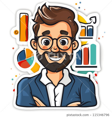 Business finance marketing cartoon sticker, isolated on white background with cut-off edges. Creative concept for financial presentations, marketing strategies, and advertising campaigns 115346796
