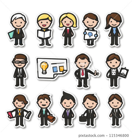 Business finance marketing cartoon sticker, playful illustrations on white background, isolated and cut out, offering whimsical depictions of financial concepts for engaging marketing materials. 115346800