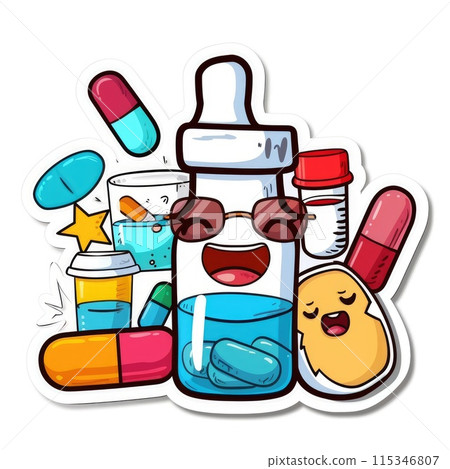 Medicine health care cartoon sticker, isolated on white background with cut-out edges. Creative concept for healthcare presentations, medical illustrations, and health-related design 115346807