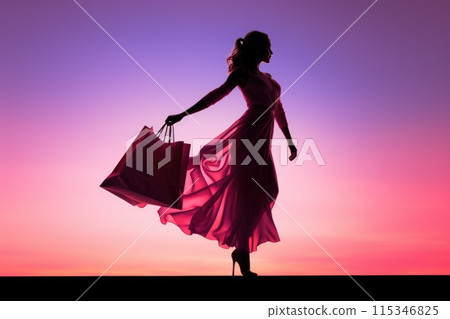 Joyful shopper - happy woman shopping holding soft shopping bags, shopping concept and excitement of discovering new purchases and enjoying a successful retail experience. 115346825