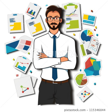 Business finance marketing cartoon sticker, isolated on white background with cut-off edges. Creative concept for financial presentations, marketing strategies, and advertising campaigns 115346844