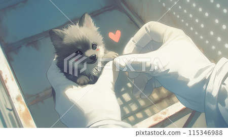 Hands checking the health of a rescued puppy / AI generated 115346988