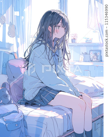 High school girl daydreaming in her room / AI generated 115346990