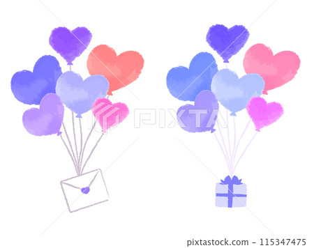 Bunch of colorful heart balloons, letter and gift 115347475