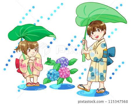 雨季與穿著和服的孩子們的插圖 雨季與穿著和服的孩子們的插圖 115347568