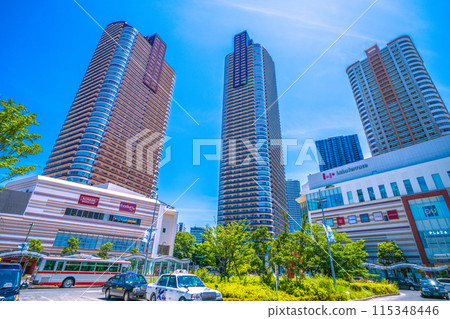 Kawasaki cityscape in Japan in June. View of the tower apartment complex in front of Musashi-Kosugi Station Kawasaki cityscape in Japan in June. View of the tower apartment complex in front of Musashi-Kosugi Station 115348446