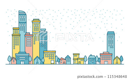 城市建築和雪花飄落的城市景觀的柔和色彩的可愛背景插圖 115348648