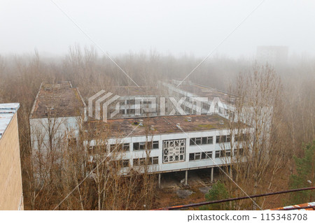View of ghost town Pripyat at autumn in Chernobyl Exclusion Zone, Ukraine. View from above 115348708