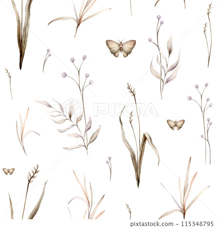 Watercolor seamless pattern floral delicate pastel vintage green violet brown bouquet. Hand drawn illustration isolated on white background. Repeat flower and herb herds and butterfly Watercolor seamless pattern floral delicate pastel vintage green violet brown bouquet. Hand drawn illustration isolated on white background. Repeat flower and herb herds and butterfly 115348795