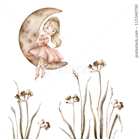 Blonde young girl ballerina in a pink dress and booties sits on the moon. Hand drawn illustration isolated on white background. Spotted beige moon and dark green grass for baby design Blonde young girl ballerina in a pink dress and booties sits on the moon. Hand drawn illustration isolated on white background. Spotted beige moon and dark green grass for baby design 115348798