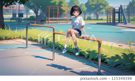 Girl sitting on the horizontal bar in the park 115349399
