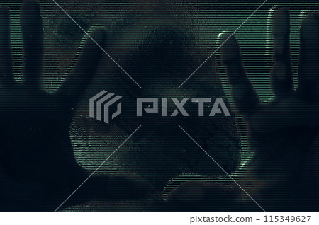 Horror scene of a man against wet glass. Hand against the background of a wet glass bathroom wall. Toned image. 115349627