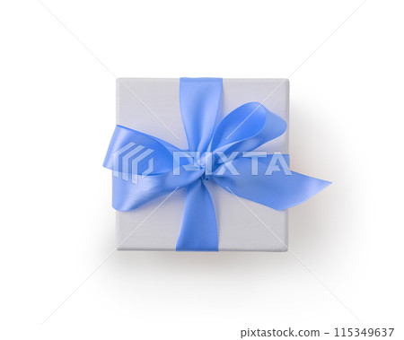 Top view of white paper present box with blue ribbon isolated on white background Top view of white paper present box with blue ribbon isolated on white background 115349637