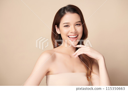 Beautiful smile of young woman with healthy white teeth on beige background, Dental care. Dentistry concept. 115350663