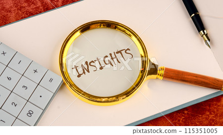 Mindful Perception Concept. INSIGHTS word in the business book of the head with a magnifying glass on top near the calculator and a pen in the composition 115351005