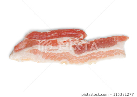 Piece of raw pork streaky brisket bacon meat close up, macro isolated on white background 115351277