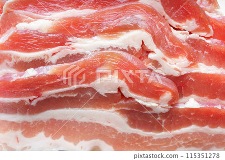 Raw pork streaky brisket bacon meat texture background close up 115351278