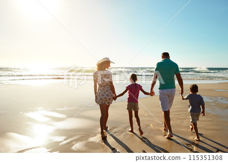 Happy family, walking and holding hands at beach in summer for relax, travel and holiday in Miami. Children, parents and people at ocean with back for vacation, trust and bonding together by water 115351308