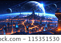 Sci-fi cityscape at night. Futuristic metropolis. AI generated illustration 115351530