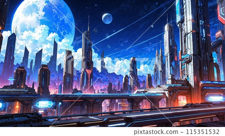 Sci-fi cityscape at night. Futuristic metropolis. AI generated illustration 115351532