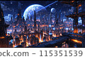 Sci-fi cityscape at night. Futuristic metropolis. AI generated illustration 115351539