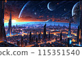 Sci-fi cityscape at night. Futuristic metropolis. AI generated illustration 115351540