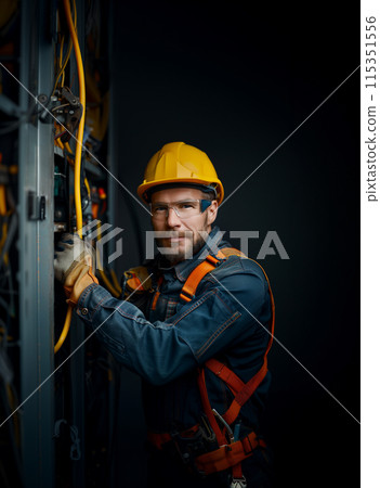 A professional electrician in safety gear is diligently working on electrical equipment 115351556