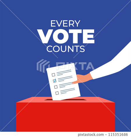 Puts voting ballot in ballot box. Every vote counts. Election day. Voting and election concept. Vector illustration. 115351686