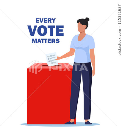 Woman putting vote paper into Election Box. Every vote matters. Vector Illustration. 115351687