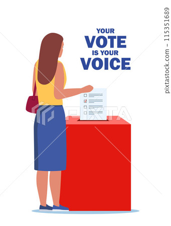Woman putting vote paper into Election Box. Vote is your voice. Vector Illustration. Woman putting vote paper into Election Box. Vote is your voice. Vector Illustration. 115351689