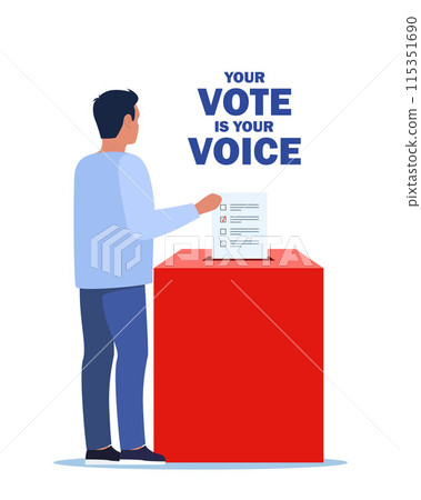Man putting vote paper into Election Box. Vote is your voice. Vector Illustration. 115351690