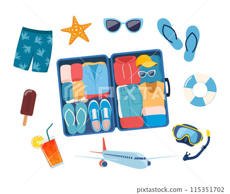Open suitcase with clothes and summer beach elements around it. Summer colorful objects collection for outdoor trip vacation. Vector illustration. 115351702