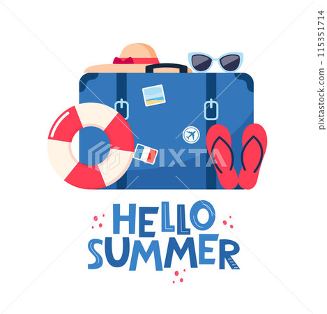 Hello summer banner. Retro travel suitcase on tropical beach. Beach hat, sunglasses, inflatable circle, rubber beach slippers. Travel concept. Summer vacation. Vector illustration. Hello summer banner. Retro travel suitcase on tropical beach. Beach hat, sunglasses, inflatable circle, rubber beach slippers. Travel concept. Summer vacation. Vector illustration. 115351714