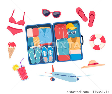 Open suitcase with clothes and summer beach elements around it. Summer colorful objects collection for outdoor trip vacation. Vector illustration. Open suitcase with clothes and summer beach elements around it. Summer colorful objects collection for outdoor trip vacation. Vector illustration. 115351715