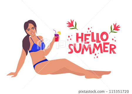 Woman dressed in swimsuit sunbathing on the beach with cocktail in her hand and smiling. Hello Summer lettering. Vector illustration. 115351720