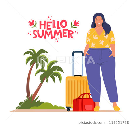 Woman stands beside luggage, ready for travel. Palms and Hello Summer lettering. Concept of adventure, journey, summer trip. Vector Illustration. Woman stands beside luggage, ready for travel. Palms and Hello Summer lettering. Concept of adventure, journey, summer trip. Vector Illustration. 115351728