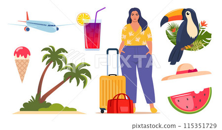 Summer icons. Woman with suitcase, airplane, toucan, tropical palm leaves, ice cream, cocktail, palm, watermelon, hat. Concept of adventure, journey, summer trip. Vector. 115351729