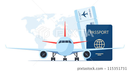 Aircraft, passport with air ticket, world map on background. Time to travel concept. Traveling by plane. International flight. Vector illustration for poster, banner. Aircraft, passport with air ticket, world map on background. Time to travel concept. Traveling by plane. International flight. Vector illustration for poster, banner. 115351731