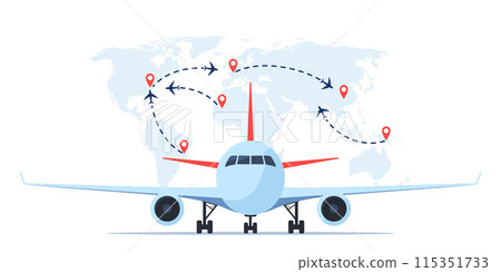 Aircraft in front view, world map with flight routes and pins marker. Time to travel concept. Traveling by plane. International flight. Vector illustration for poster, banner. Aircraft in front view, world map with flight routes and pins marker. Time to travel concept. Traveling by plane. International flight. Vector illustration for poster, banner. 115351733