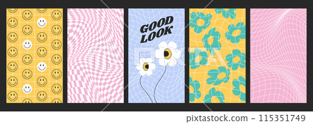 Psychedelic checkerboards or warp checkered seamless patterns with groovy flowers, smile faces Psychedelic checkerboards or warp checkered seamless patterns with groovy flowers, smile faces 115351749